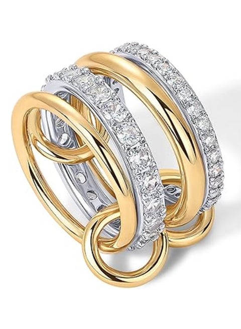 14K Gold Plated Interlocked Stackable Rings for Women | Statement Multi Ring Mixed Metals Stack | Cubic Zirconia Two-Toned Stacking Jewelry Size 8