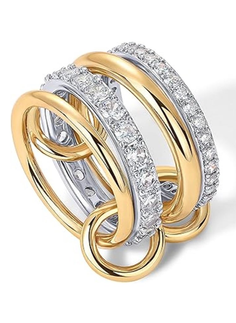 Generic 14K Gold Plated Interlocked Stackable Rings for Women | Statement Multi Ring Mixed Metals Stack | Cubic Zirconia Two-Toned Stacking Jewelry Size 8  - Image 1