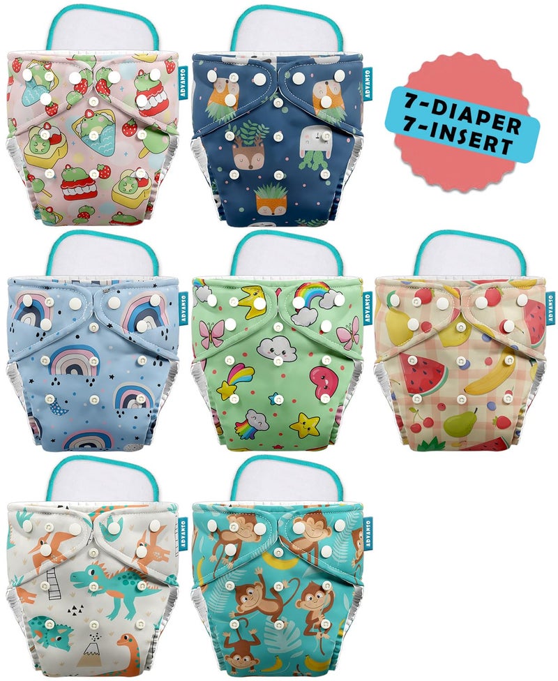 Advanso Leakage Proof cloth diapers for babies, high absorbent 7 reusable diaper 7 insert pad combo pack washable cloth diaper free size 5-18kg adjustable pocket cover 49 - Image 1