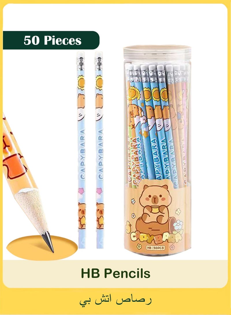 capybara 50 Pack Wooden HB Pencils with Eraser, Cute Cartoon Pattern – Black Writing & Drawing Pencils for Students, Exams, School, Office, and Home Sketching - Image 1