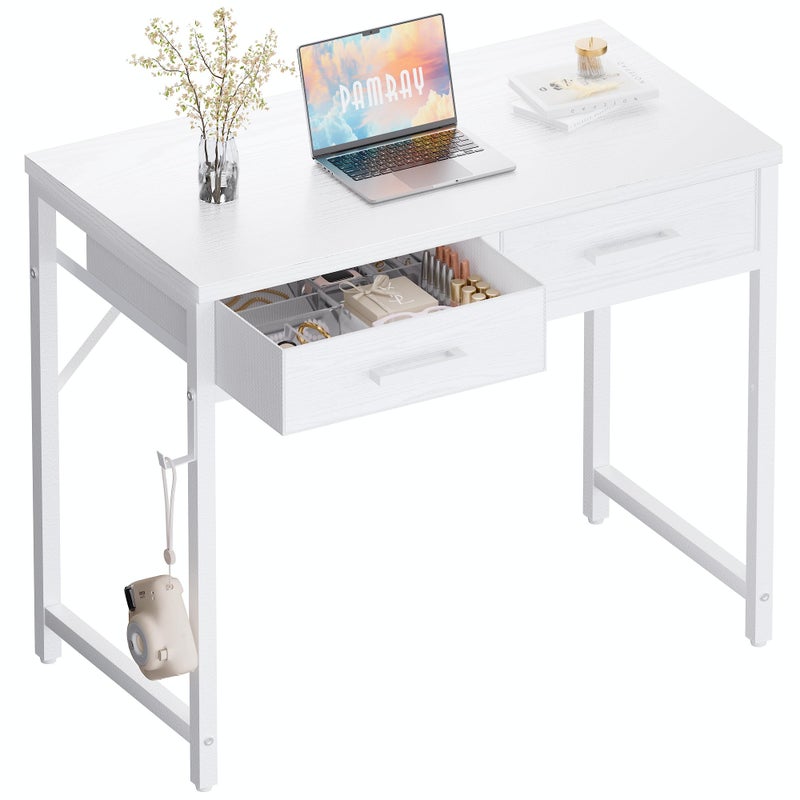 Pamray 32 Inch Small Computer Desk with 2 Drawers for Bedroom Study Writing Home Office Table for Small Spaces White - Image 1