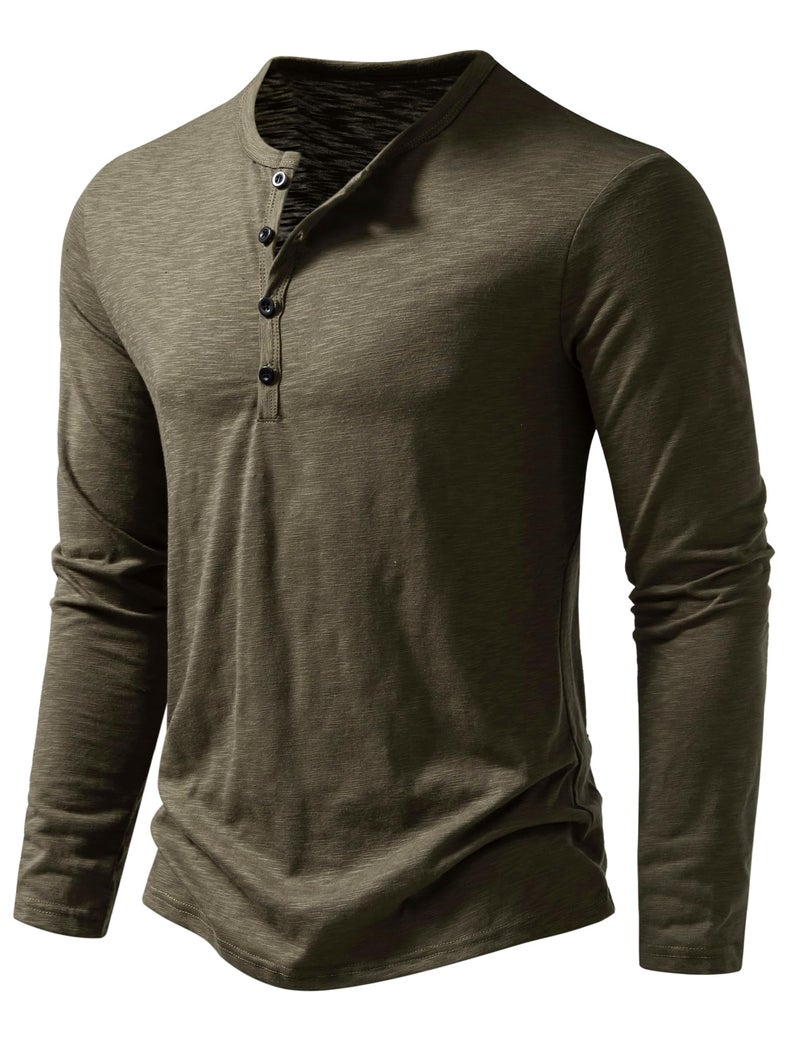PARKLEES Men's Casual Stretchy Long Sleeve Henley T-Shirt Front Placket Muscle Workout Athletic 4 Buttons Tee Tops Army Green Medium - Image 2