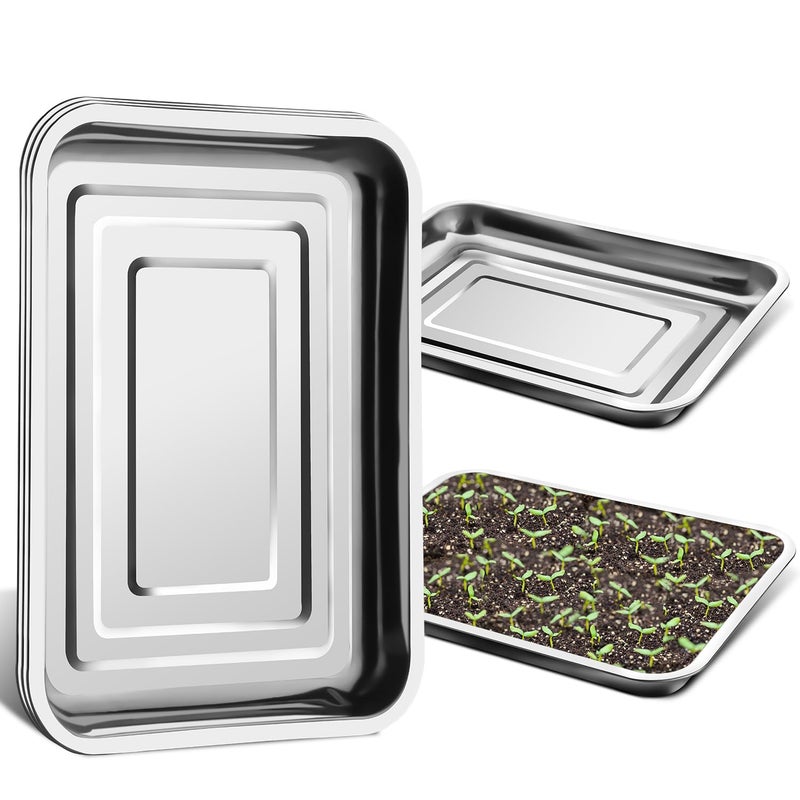 RooTrimmer 5 Pack Large Stainless Steel Seedling Trays, Heavy Duty Metal Water Catch Trays for Nursery Pots-Transplant, Seed Germination & Propagation Flats (17.5 inchÃ—13.56 inch, 1.18" Height) - Image 1