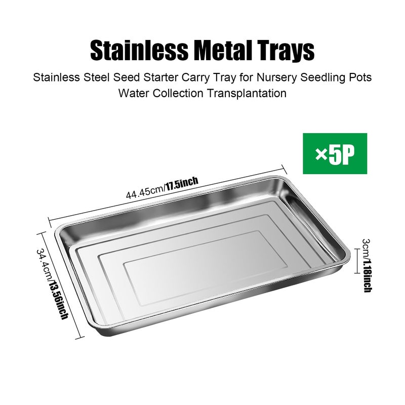 RooTrimmer 5 Pack Large Stainless Steel Seedling Trays, Heavy Duty Metal Water Catch Trays for Nursery Pots-Transplant, Seed Germination & Propagation Flats (17.5 inchÃ—13.56 inch, 1.18" Height) - Image 2