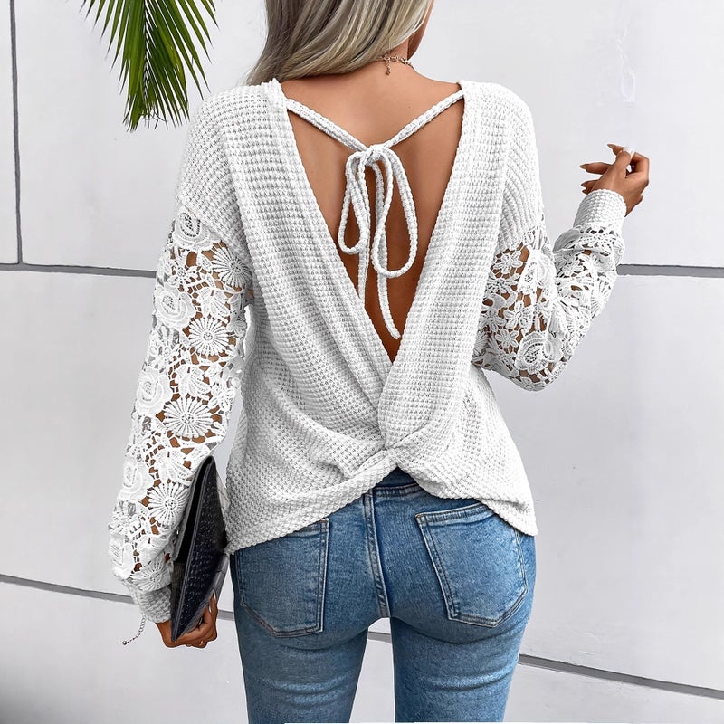 Casual Straight Long Sleeve Hollow Tie Sheer Polyester Blend Knit Blouse - Image 4