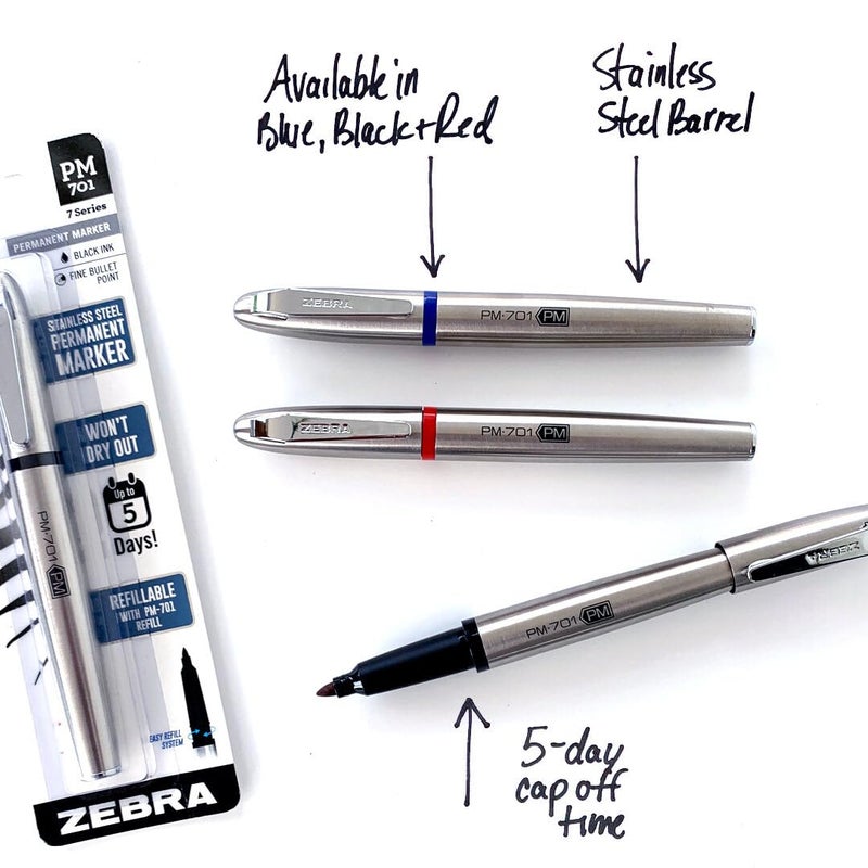 Zebra Pen PM-701 Permanent Marker, Stainless Steel Barrel, Fine Bullet Tip, Black Ink, Refillable, 1-Pack with Refill - Image 2