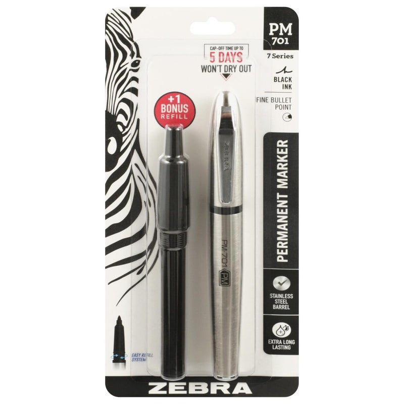 Zebra Pen PM-701 Permanent Marker, Stainless Steel Barrel, Fine Bullet Tip, Black Ink, Refillable, 1-Pack with Refill - Image 1