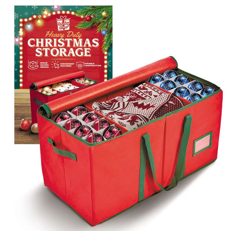 Holiday Cheer Premium Christmas Ornament Storage Container  Fits 128 Holiday Decorations in TearProof Fabric Box
