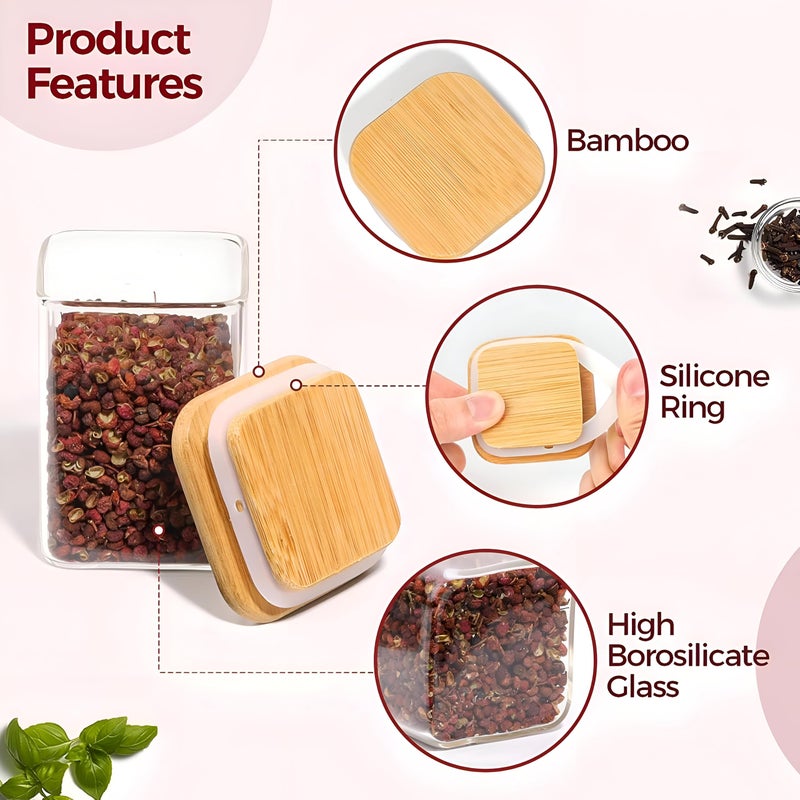 Glass Jars - Airtight Bamboo Lid for Kitchen Storage, Perfect for Spices, Tea, Sugar, Cereal, Cookies, Candies (200ml) (Square Shape, 2 Pieces)) - Image 2