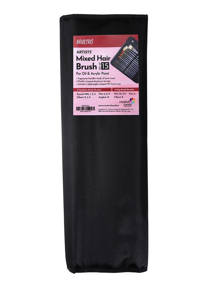 بروسترو فرشاة شعر مختلطة من Brustro Artists - مجموعة من 15 فرشاة (5 مسطحة، 1 مروحة، 4 دائرية، 4 فيلبرت، 1 زاوية) في حقيبة من البولي يوريثين | مقبض طويل، مناسبة للألوان الزيتية، والدهانات الأكريليكية، والألوان المائية. - Image 5