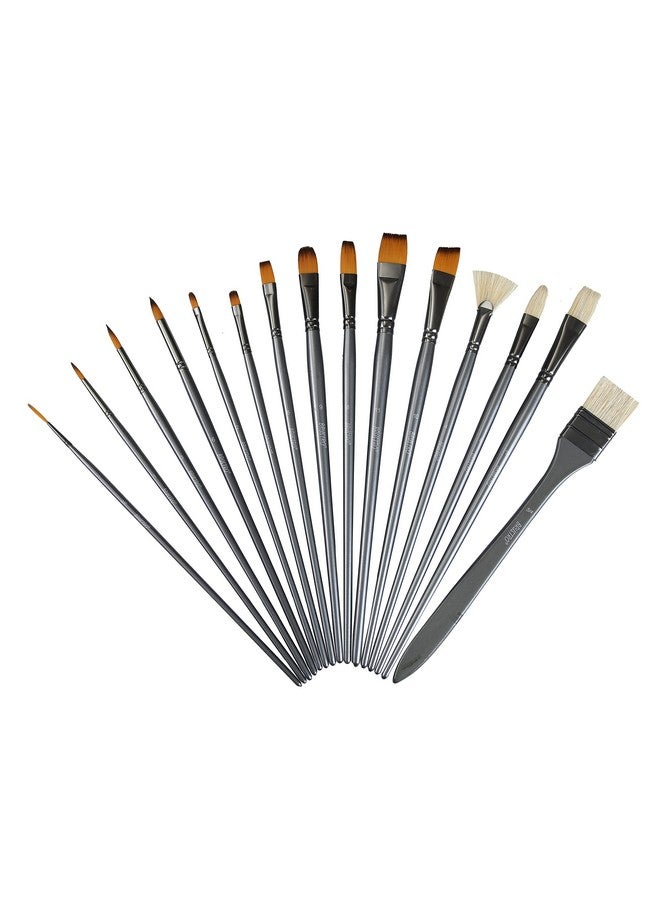 بروسترو فرشاة شعر مختلطة من Brustro Artists - مجموعة من 15 فرشاة (5 مسطحة، 1 مروحة، 4 دائرية، 4 فيلبرت، 1 زاوية) في حقيبة من البولي يوريثين | مقبض طويل، مناسبة للألوان الزيتية، والدهانات الأكريليكية، والألوان المائية. - Image 2