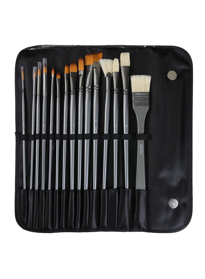 بروسترو فرشاة شعر مختلطة من Brustro Artists - مجموعة من 15 فرشاة (5 مسطحة، 1 مروحة، 4 دائرية، 4 فيلبرت، 1 زاوية) في حقيبة من البولي يوريثين | مقبض طويل، مناسبة للألوان الزيتية، والدهانات الأكريليكية، والألوان المائية. - Image 1