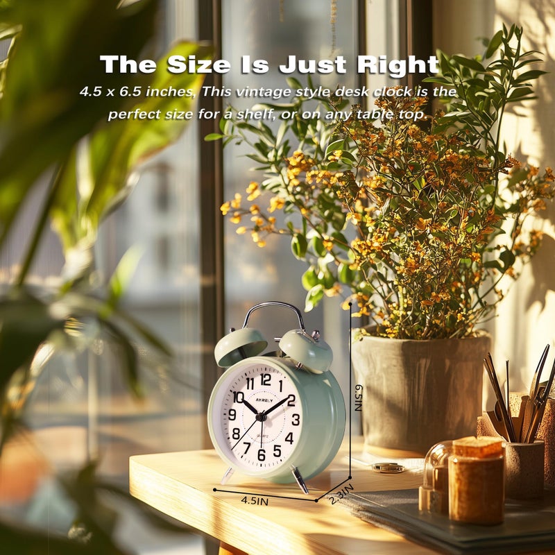 AYRELYÂ® Super Loud Twin Bell Alarm Clock for Heavy Sleepers, 4-Inch Silent Non-Ticking Quartz with Backlight, Metal Cute Clock for Kids' Rooms (Saga Green) - Image 3
