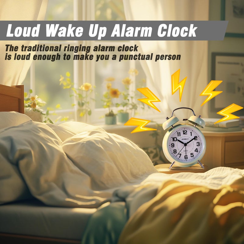 AYRELYÂ® Super Loud Twin Bell Alarm Clock for Heavy Sleepers, 4-Inch Silent Non-Ticking Quartz with Backlight, Metal Cute Clock for Kids' Rooms (Saga Green) - Image 2