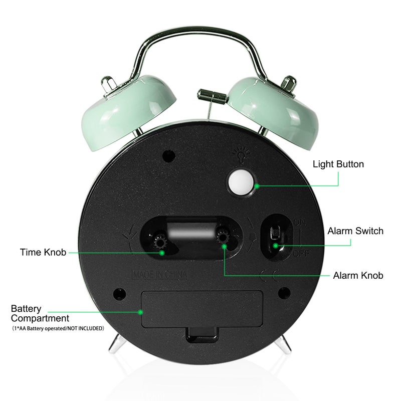 AYRELYÂ® Super Loud Twin Bell Alarm Clock for Heavy Sleepers, 4-Inch Silent Non-Ticking Quartz with Backlight, Metal Cute Clock for Kids' Rooms (Saga Green) - Image 5