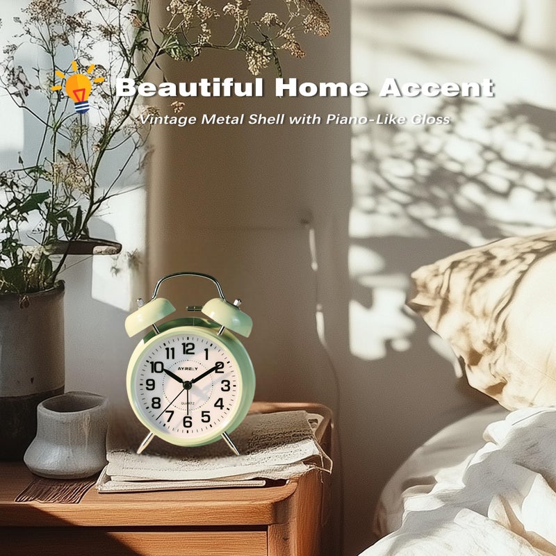 AYRELYÂ® Super Loud Twin Bell Alarm Clock for Heavy Sleepers, 4-Inch Silent Non-Ticking Quartz with Backlight, Metal Cute Clock for Kids' Rooms (Saga Green) - Image 4