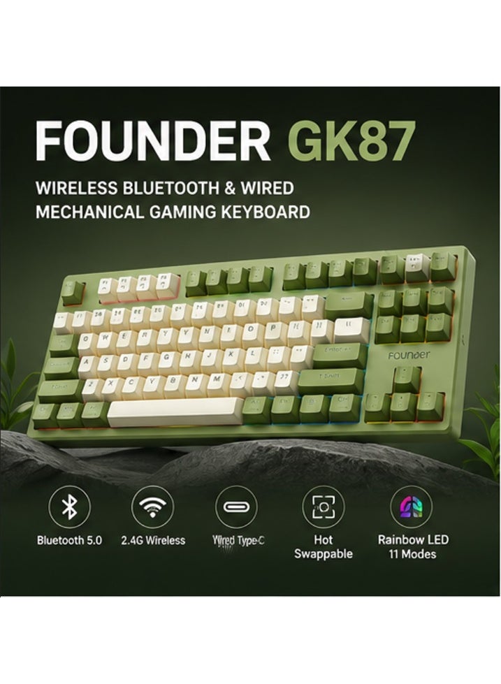 founder GK87 Wireless Bluetooth & Wired Gaming Mechanical Keyboard – Hot Swappable Red Switches, Rainbow LED 11 Modes & Side Lighting (Light Green) - Image 2