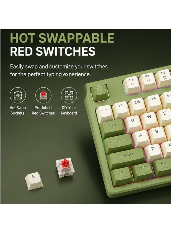 founder GK87 Wireless Bluetooth & Wired Gaming Mechanical Keyboard – Hot Swappable Red Switches, Rainbow LED 11 Modes & Side Lighting (Light Green) - Image 4