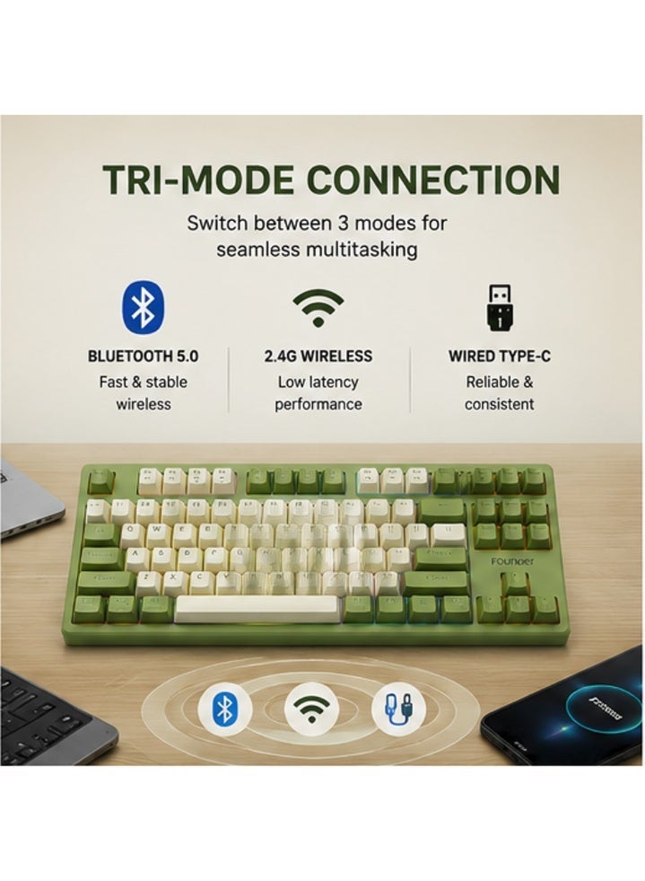founder GK87 Wireless Bluetooth & Wired Gaming Mechanical Keyboard – Hot Swappable Red Switches, Rainbow LED 11 Modes & Side Lighting (Light Green) - Image 3