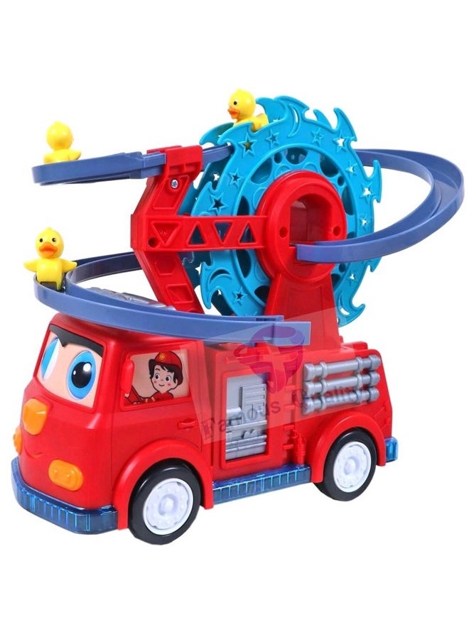 Famous Quality Famous Quality 5 in 1 Fire Engine Slide Toy Set, Automatic Slide Down Duck Toy Race Track Toy Rotating Ferris Wheel Toy Duck Slide Toy Fire Truck Toy with Movable Eyes, Music & Lights  - Image 1