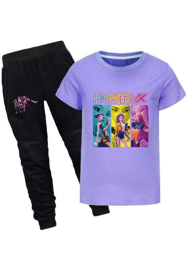 US Kpop Demon Slayer Round Neck Cartoon Print T-shirt Men Women Kids Top And Pants Set Multi-color Matching - Image 1