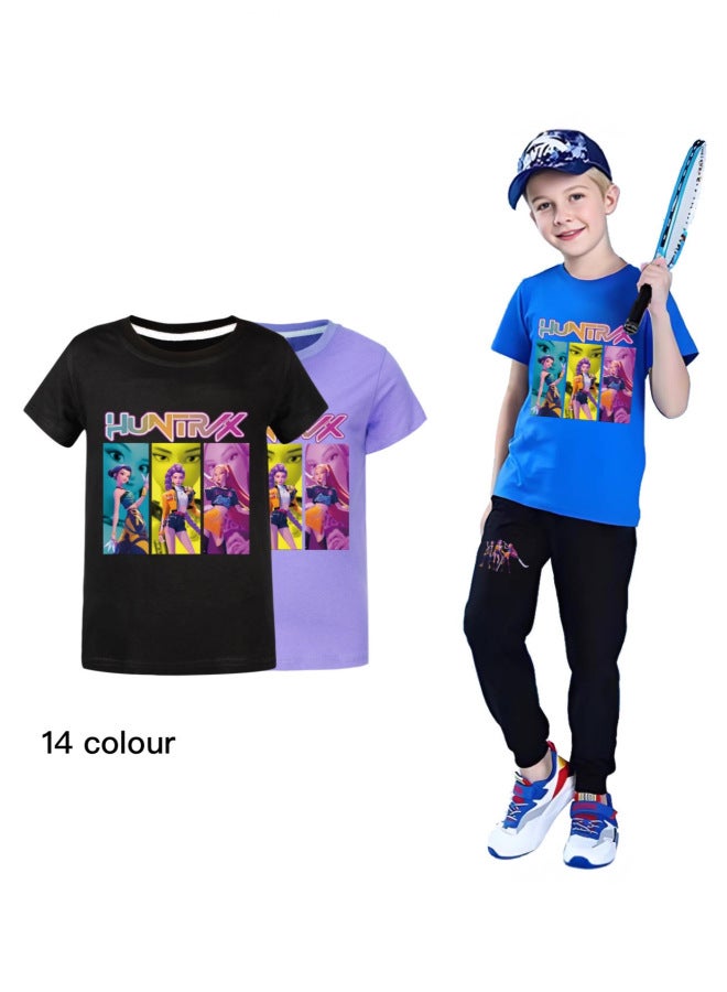 US Kpop Demon Slayer Round Neck Cartoon Print T-shirt Men Women Kids Top And Pants Set Multi-color Matching - Image 3