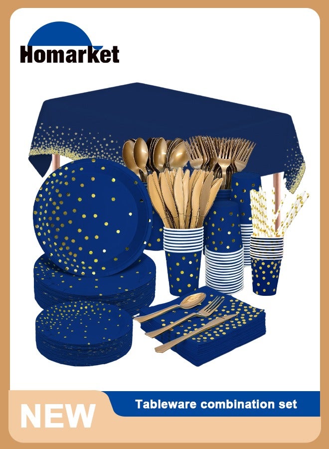 هومار كيت 201 قطعة من لوازم الحفلات باللونين الأزرق والذهبي، 25 أواني طعام للحفلات للاستعمال مرة واحدة، وملاعق شوك بلاستيكية ذهبية وأطباق ورقية زرقاء منقطة ذهبية، وأكواب مناديل زرقاء للتخرج، وأعياد الميلاد، وال - Image 1