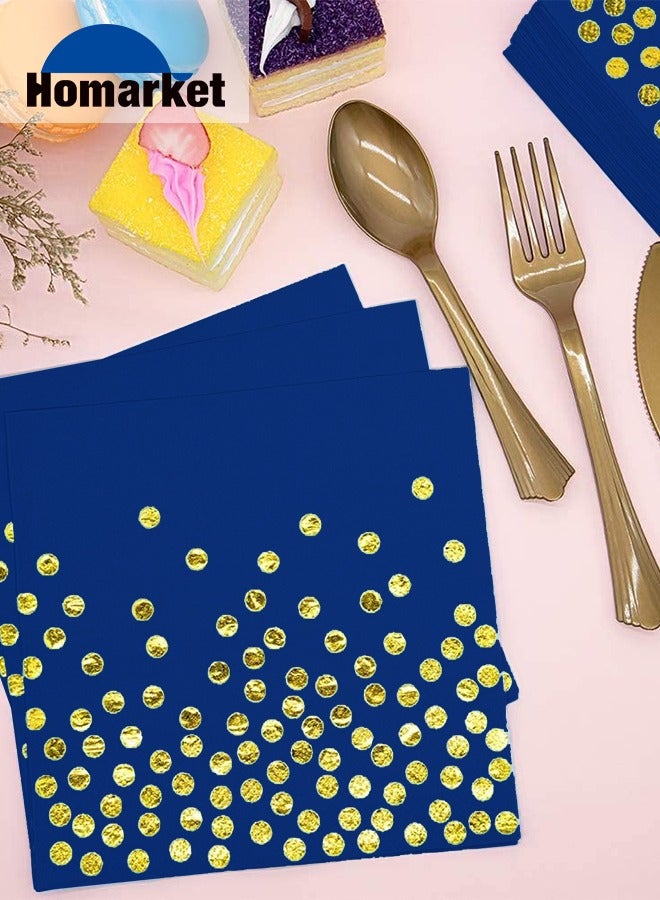 هومار كيت 201 قطعة من لوازم الحفلات باللونين الأزرق والذهبي، 25 أواني طعام للحفلات للاستعمال مرة واحدة، وملاعق شوك بلاستيكية ذهبية وأطباق ورقية زرقاء منقطة ذهبية، وأكواب مناديل زرقاء للتخرج، وأعياد الميلاد، وال - Image 5