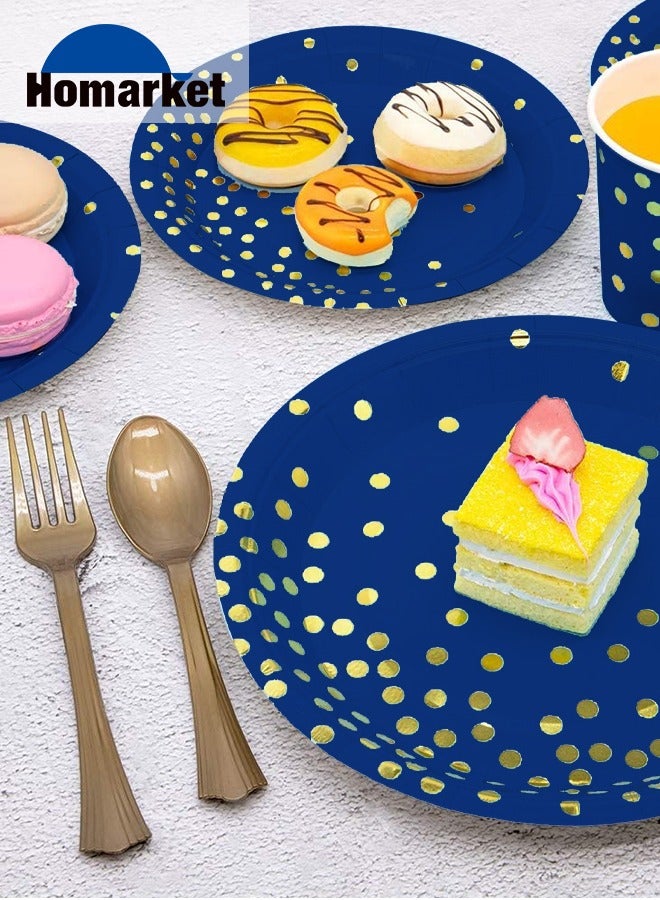 هومار كيت 201 قطعة من لوازم الحفلات باللونين الأزرق والذهبي، 25 أواني طعام للحفلات للاستعمال مرة واحدة، وملاعق شوك بلاستيكية ذهبية وأطباق ورقية زرقاء منقطة ذهبية، وأكواب مناديل زرقاء للتخرج، وأعياد الميلاد، وال - Image 3