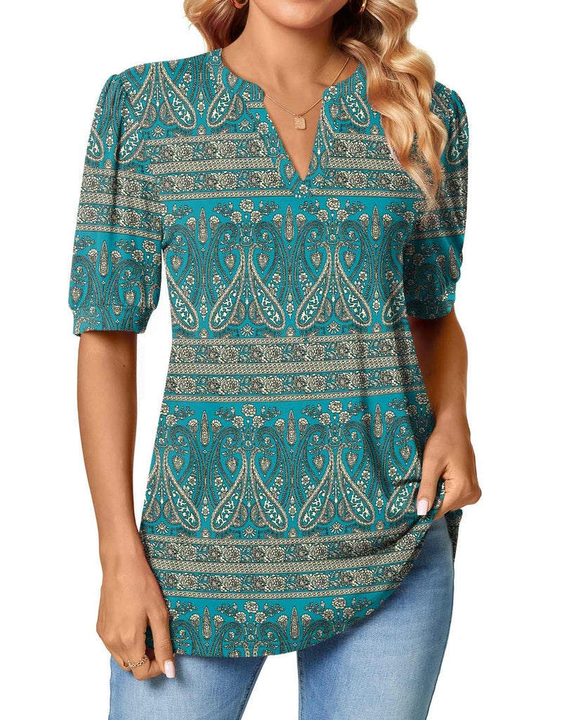 Anyally Womens Casual Notch V-Neck T-Shirts Summer Puff Short Sleeve Tops Cute Work Blouses, 2XL Blue-khaki - Image 3