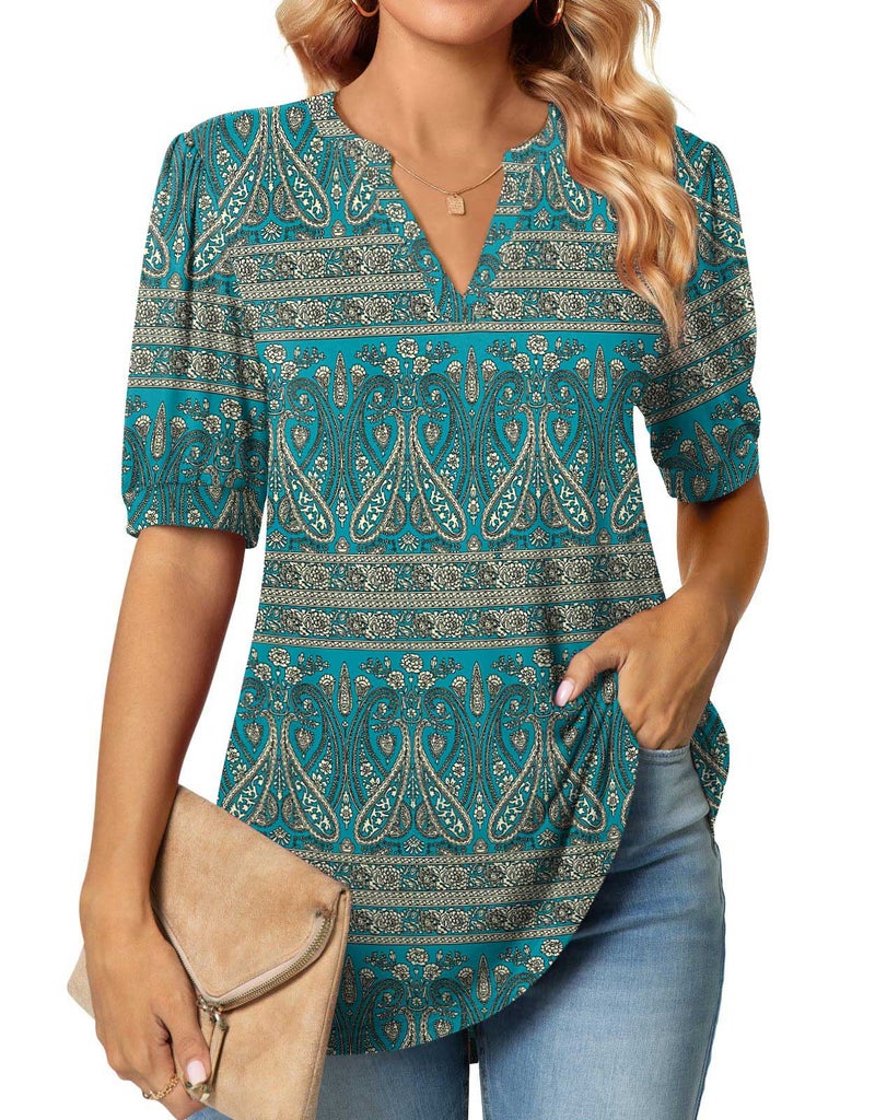 Anyally Womens Casual Notch V-Neck T-Shirts Summer Puff Short Sleeve Tops Cute Work Blouses, 2XL Blue-khaki - Image 1
