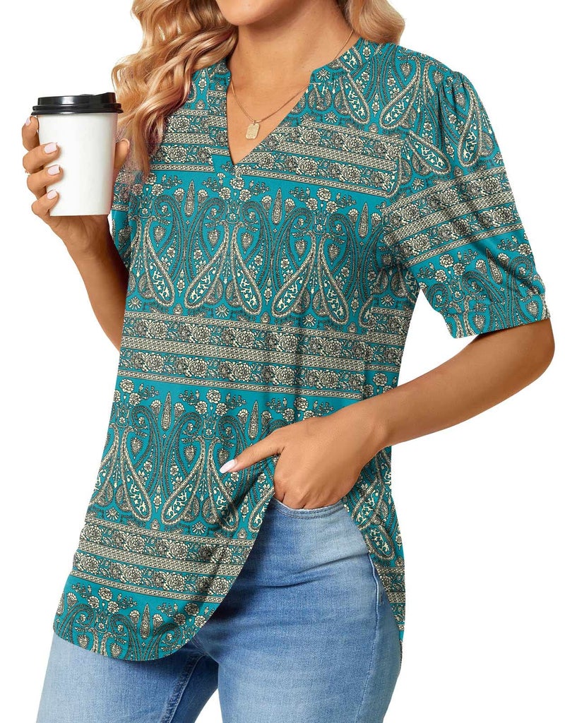 Anyally Womens Casual Notch V-Neck T-Shirts Summer Puff Short Sleeve Tops Cute Work Blouses, 2XL Blue-khaki - Image 2