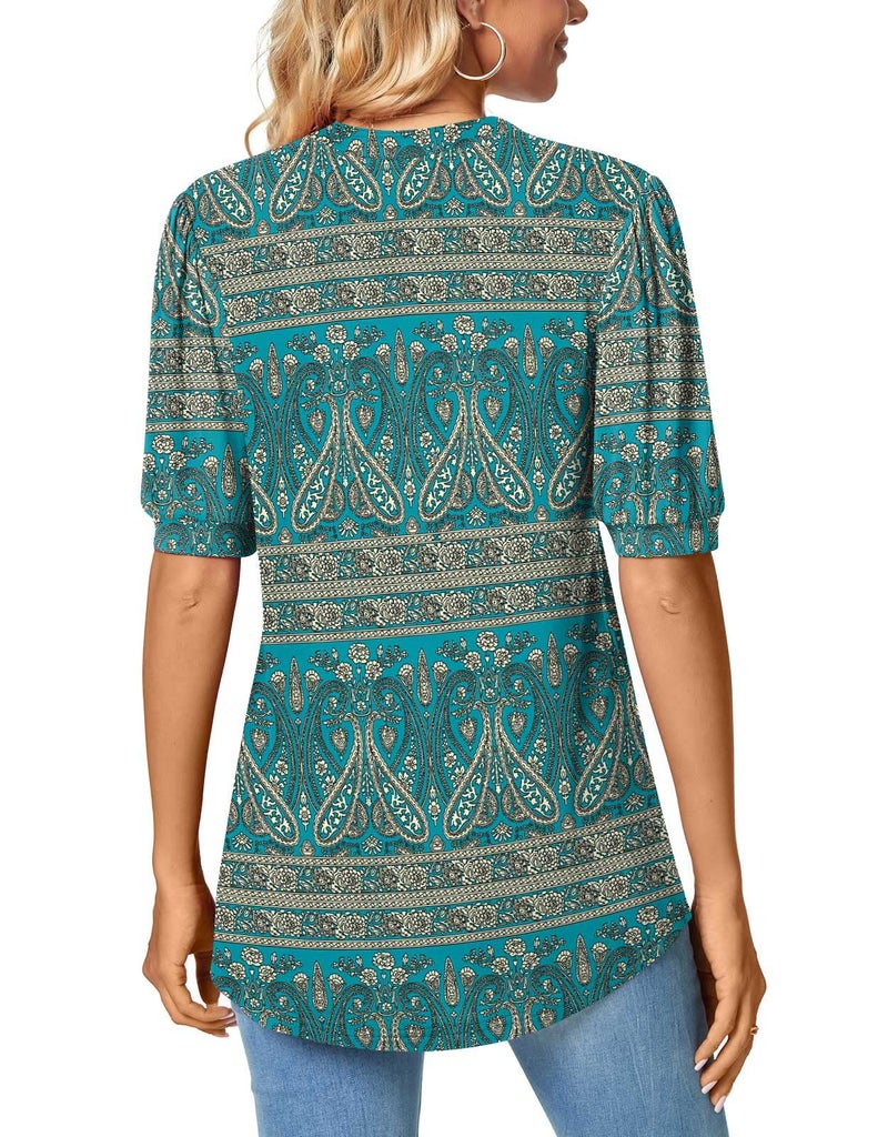 Anyally Womens Casual Notch V-Neck T-Shirts Summer Puff Short Sleeve Tops Cute Work Blouses, 2XL Blue-khaki - Image 4