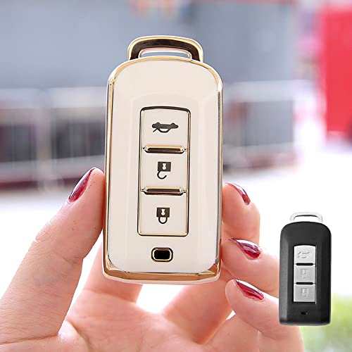 SANRILY Soft TPU with Gold Edge Smart Key Fob Cover for Mitsubishi Outlander ASX Lancer Evo X GTS EX Keyless Keychain Holder 3 Button Key Case Shell Beige - Image 4