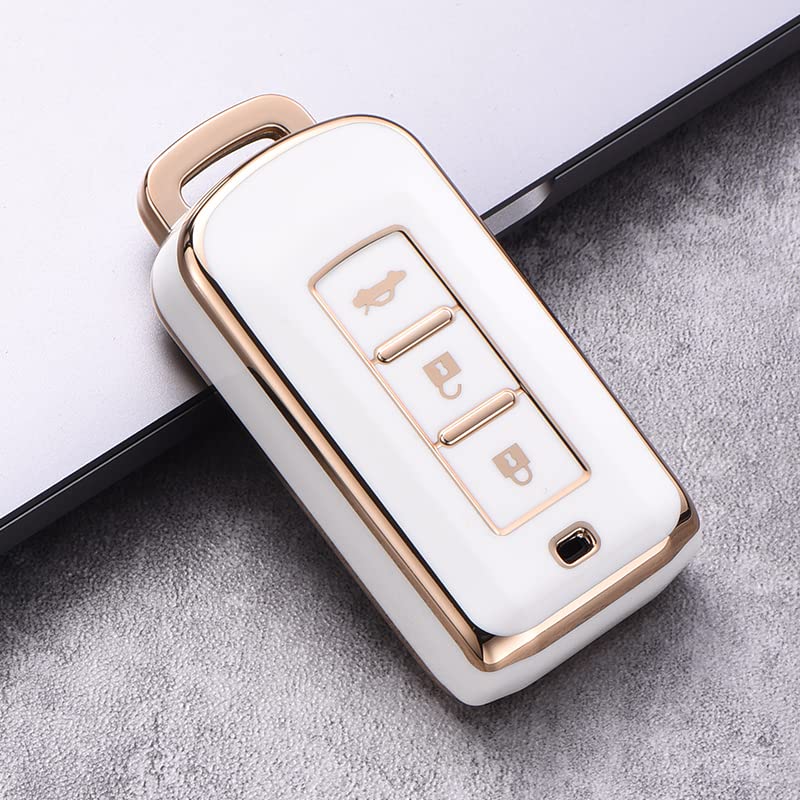 SANRILY Soft TPU with Gold Edge Smart Key Fob Cover for Mitsubishi Outlander ASX Lancer Evo X GTS EX Keyless Keychain Holder 3 Button Key Case Shell Beige - Image 5