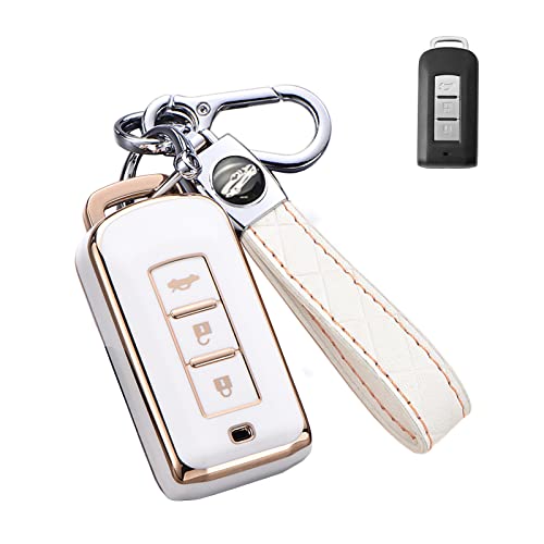 SANRILY Soft TPU with Gold Edge Smart Key Fob Cover for Mitsubishi Outlander ASX Lancer Evo X GTS EX Keyless Keychain Holder 3 Button Key Case Shell Beige - Image 1