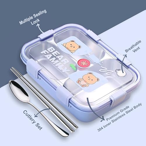 KBV Leak-Proof Stainless Steel Lunch Box (3 Compartment) – BPA-Free Airtight Insulated Tiffin Box with Spoon & Chopsticks | Food Grade Bento Lunch Box for School, Office, Kids, Travel | ISI Mark - Image 2