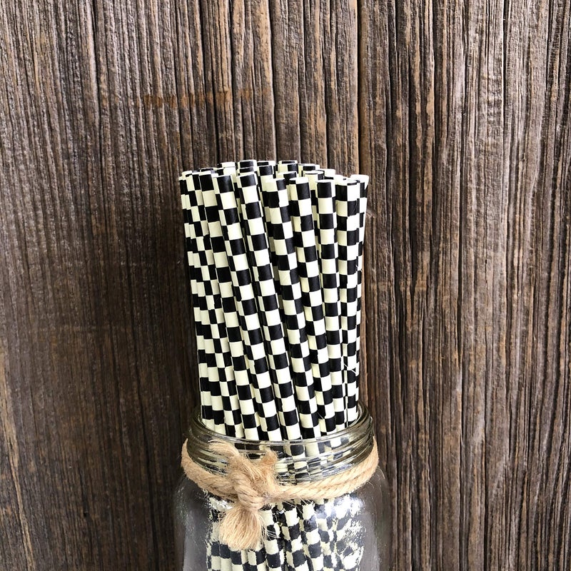Outside the Box Pape Black and White Check Paper Straws - Race Theme Checkered Flag Drinking Straws - 7.75 Inches - 50 Pack Outside the Box Papers Brand - Image 3
