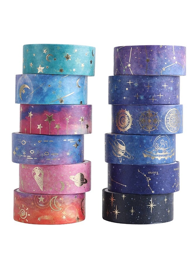 Peachjoy Galaxy Purple Bronzing Washi Tape, 12 Rolls DIY Hand Account Creative Decorative Stickers Handmade Accessories Gold Foil Paper Tapes with Constellations, Blue Sky, Moon, Stars, Celestial Bodies  - Image 1