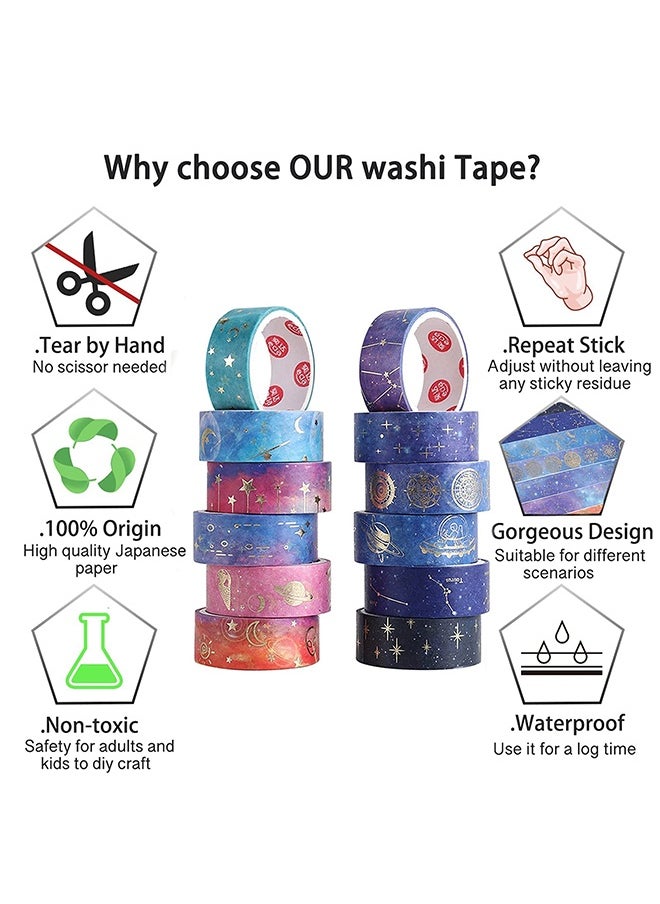 Peachjoy Galaxy Purple Bronzing Washi Tape, 12 Rolls DIY Hand Account Creative Decorative Stickers Handmade Accessories Gold Foil Paper Tapes with Constellations, Blue Sky, Moon, Stars, Celestial Bodies  - Image 4