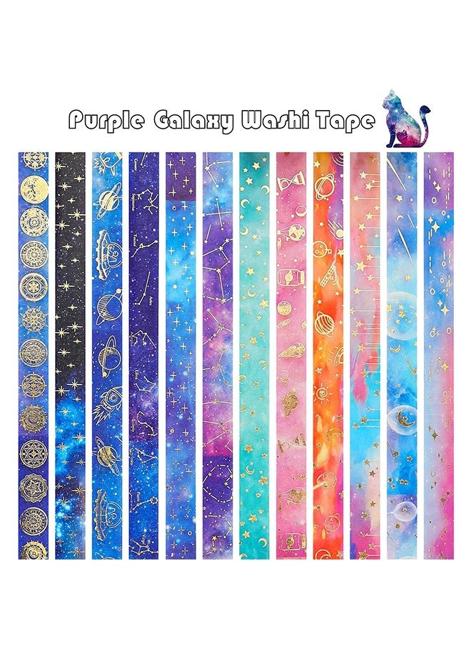 Peachjoy Galaxy Purple Bronzing Washi Tape, 12 Rolls DIY Hand Account Creative Decorative Stickers Handmade Accessories Gold Foil Paper Tapes with Constellations, Blue Sky, Moon, Stars, Celestial Bodies  - Image 2