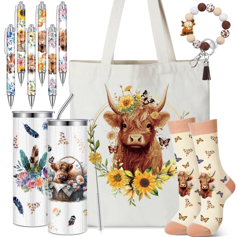 Skylety 5 Pcs Highland Cow Gifts Set for Women 20 oz Tumbler Floral Canvas Bag Pen Socks Silicone Keychain for Mom Sister Cow Lover Cute Christmas Birthday GiftsSunflower - Image 2