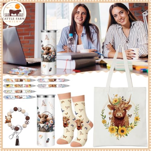 Skylety 5 Pcs Highland Cow Gifts Set for Women 20 oz Tumbler Floral Canvas Bag Pen Socks Silicone Keychain for Mom Sister Cow Lover Cute Christmas Birthday GiftsSunflower - Image 3