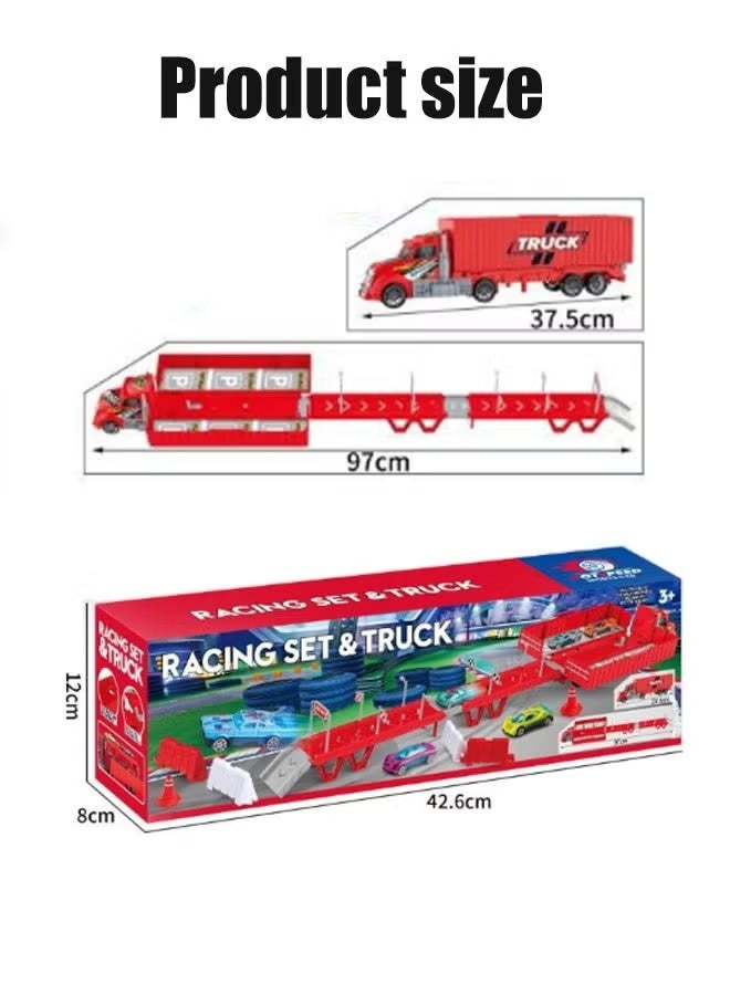 XiuWoo Alloy Racing Car Transporter Truck Toys for Kids - 3 Metal Cars with Folding Race Track & Ejection Launcher, Inertia Container Truck & Storage Box, Toddler Toy Gift for Boys & Girls (Red) - Image 2