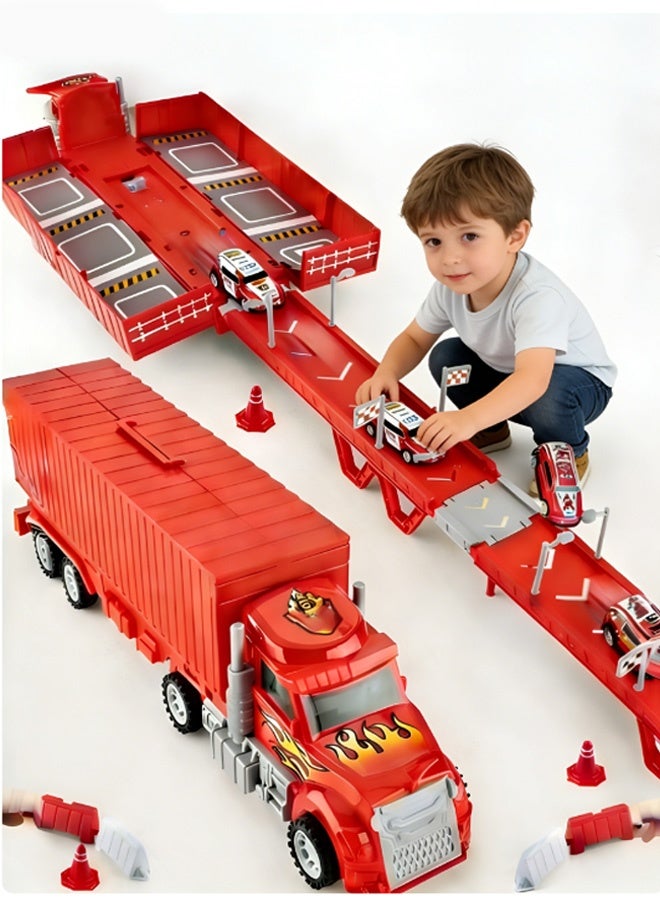 XiuWoo Alloy Racing Car Transporter Truck Toys for Kids - 3 Metal Cars with Folding Race Track & Ejection Launcher, Inertia Container Truck & Storage Box, Toddler Toy Gift for Boys & Girls (Red) - Image 1