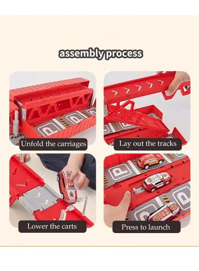 XiuWoo Alloy Racing Car Transporter Truck Toys for Kids - 3 Metal Cars with Folding Race Track & Ejection Launcher, Inertia Container Truck & Storage Box, Toddler Toy Gift for Boys & Girls (Red) - Image 3