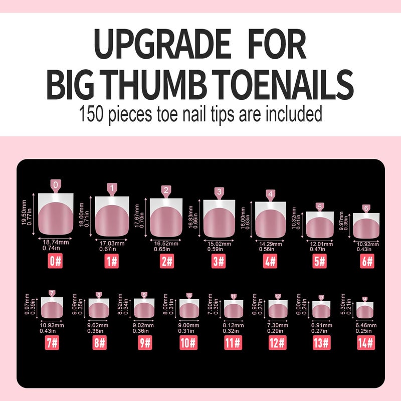 Vansiho 150 pcs French Tip Toe Nail Tips Press on, Pink White French Tips Toenail Press on Square for Women, Soft Gel Fake Toe Nails, Acrylic Nails Soak off Toe Nail Home DIY 15 Sizes - Image 5