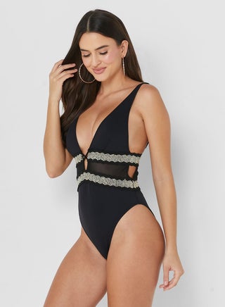 Plunge Neck Lace Trim Swimsuit