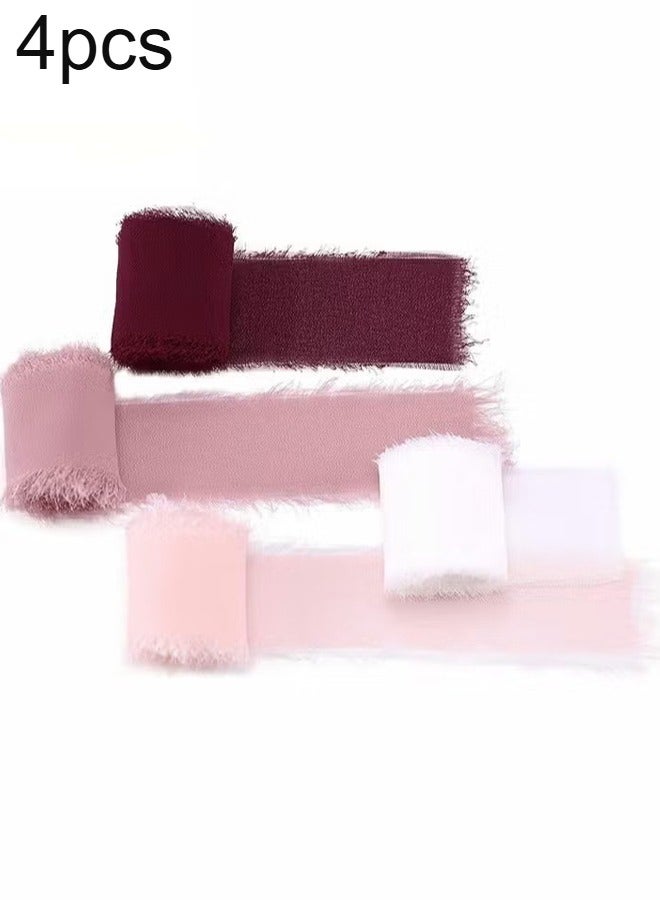 هابي دي مجموعة شرائط الشريط الحريري من الشيفون المصنوعة يدويا لدعوات الزفاف ، باقات الزفاف ، تغليف الهدايا ، الحرف اليدوية DIY 4 لفات (بورجوندي / وردي متربة / بنفسجي / وردي) - Image 1