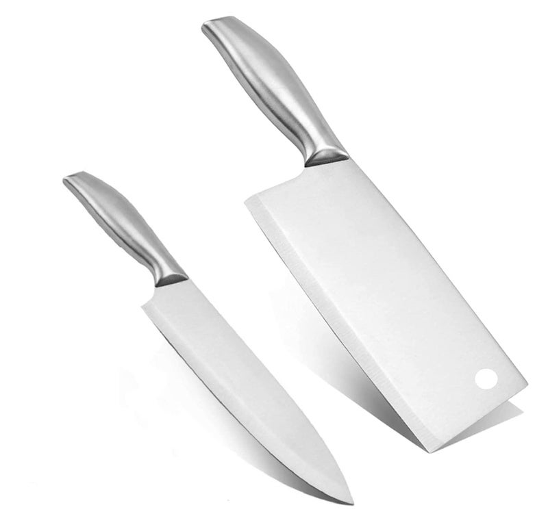 VELINEX® Premium Stainless Steel Knife Set (2 Pcs) – Heavy Duty Meat Cleaver & Multipurpose Kitchen Knives with Full Metal Handle | Sharp Blade for Meat, Vegetables & Fruits (C-B/C-C) - Image 1